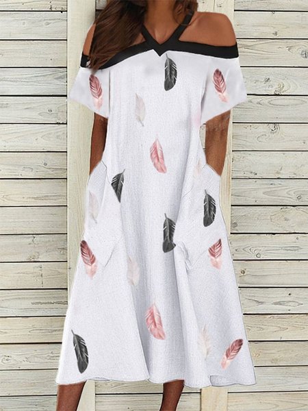 

Off The Shoulder Feather Short Sleeve Casual Dress, White, Midi Dresses