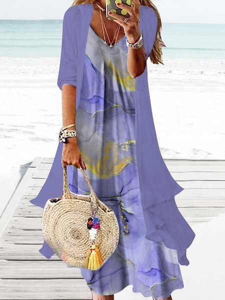 

JFN 2PCS V Neck Gradient Vacation Sleeveless Dress with Cardigan, Lavender, Casual Dresses