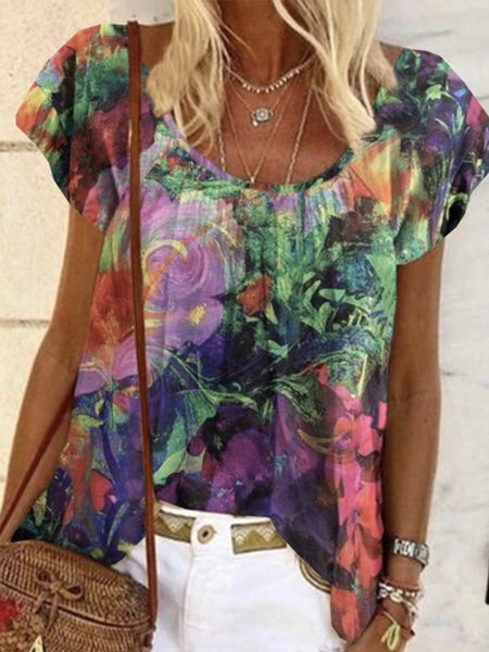 

Floral Short Sleeve Crew Neck Plus Size Casual Tops, Multicolor, Tops