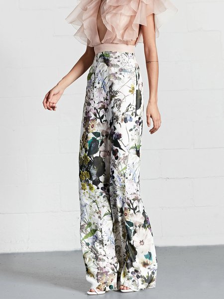 

Elegant Floral Regular Fit Pants, Multicolor, Wide Leg Pants