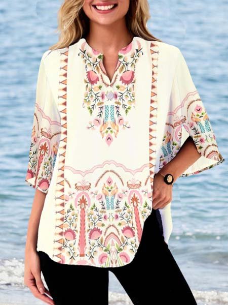 

V Neck Vacation Short Sleeve Tops, Beige, Tops