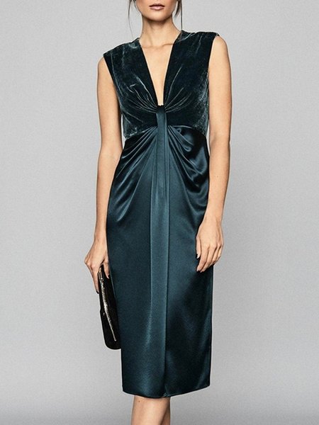 

V Neck Plain Satin Sleeveless Woven Dress, Green, Midi Dresses