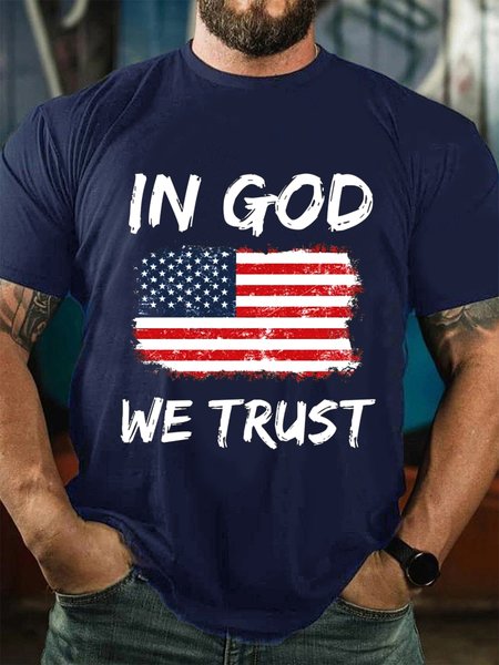 

In God We Trust American Flag Print Crew Neck T-Shirt, Purplish blue, T-shirts