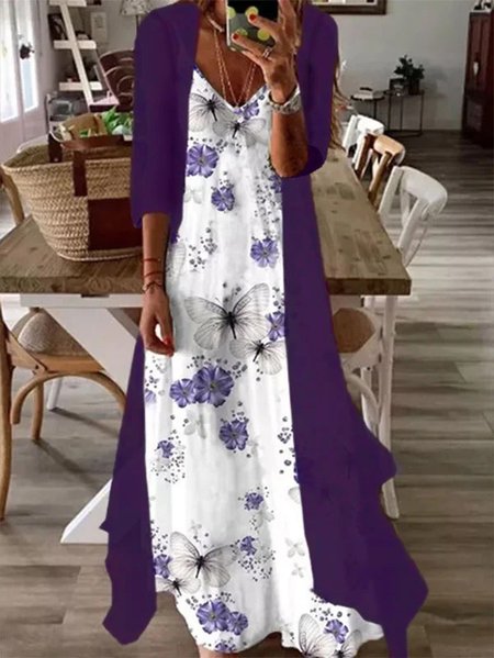 

Floral Casual V Neck Short Sleeve Woven Dress, Purple, Maxi Dresses