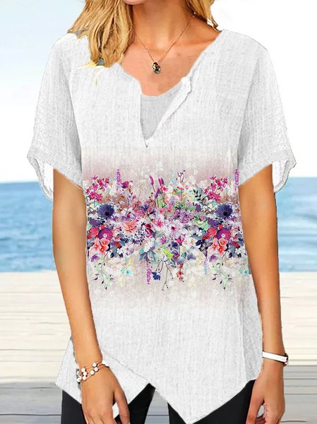 

V Neck Floral Loosen Short Sleeve Tops, Light gray, Shirts & Blouses