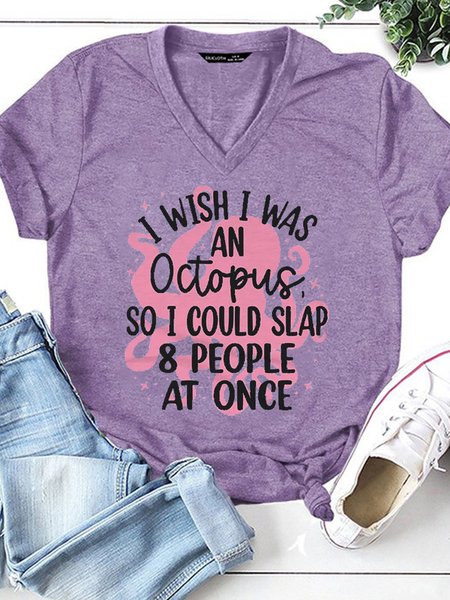 

Womens Funny Letter I Wish I Was An Octopus Short Sleeve T-Shirt, Purple, T-shirts