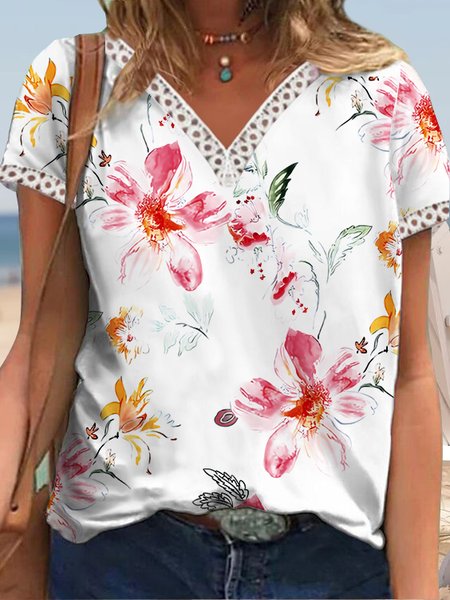 

Floral V Neck Casual Short Sleeve T-Shirt, White, T-Shirts