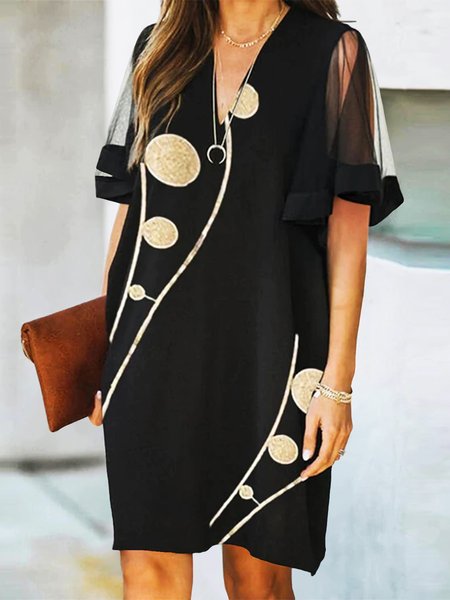 

Polka Dots V Neck Short Sleeve Woven Dress, Black, Mini Dresses