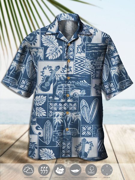 

Men's Retro Music Coconut Tree Print Casual Breathable Hawaiian Short Sleeve Shirt, Blue, Men's Floral shirt