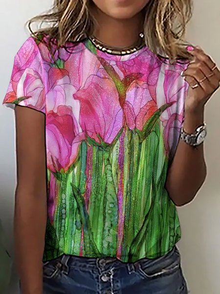Womens Flowers Abstract Print Short Sleeve T-Shirt, As picture, T-shirts