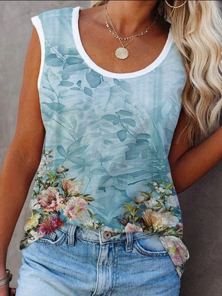 

Casual FLoral Printed Knit, Blue, Tanks & Camis