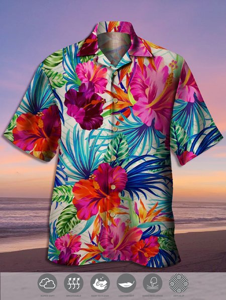 

Mens Fancy Hawaiian Floral Parrots Print Hydrocool Fabric Quick Dry Casual Short Sleeve Aloha Shirts, Pink, Men's Floral shirt