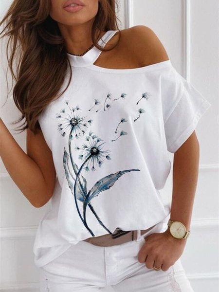 

Casual Dandelion One Shoulder Loosen Short Sleeve T-Shirt, White, T-Shirts