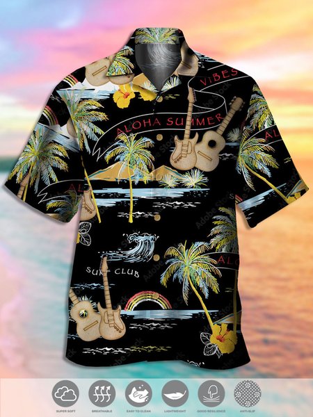 

Men's Music Guitar Print Casual Breathable Fabric Hawaiian Short Sleeve Shirt, Black, Men's Floral shirt