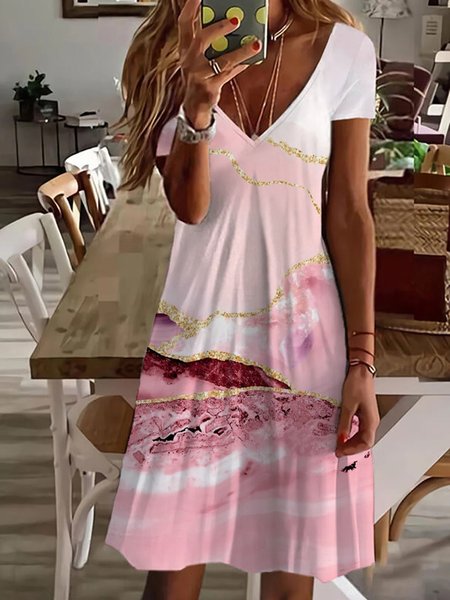 

Abstract V Neck Regular Fit Short Sleeve Knit Dress, Pink, Dresses