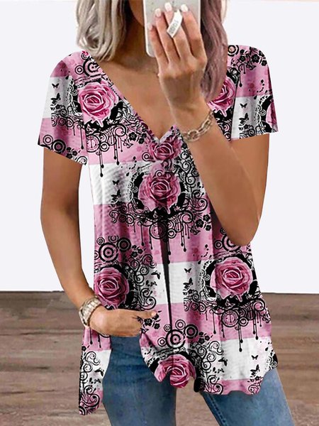 

Loosen Cotton Blends V Neck Short Sleeve T-Shirt, Flower, T-Shirts