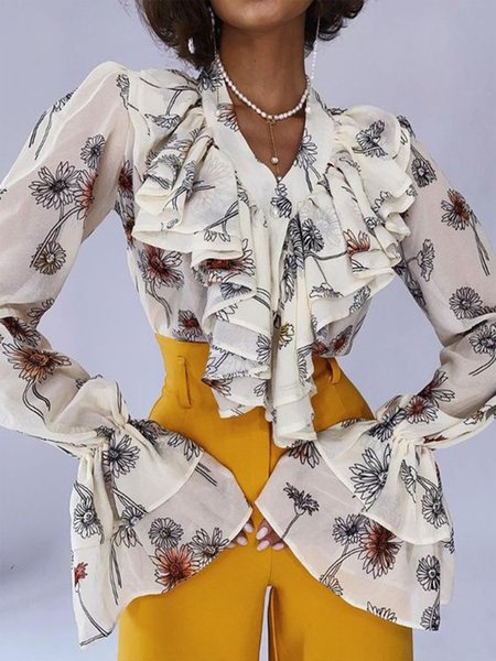 

Vacation Floral Regular Fit Long Sleeve Blouse, White, Blouses and Shirts