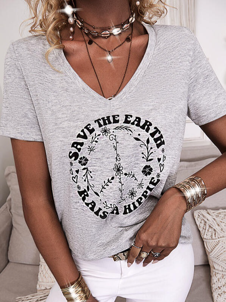 

V Neck Letter Short Sleeve Tops, Gray, Tops