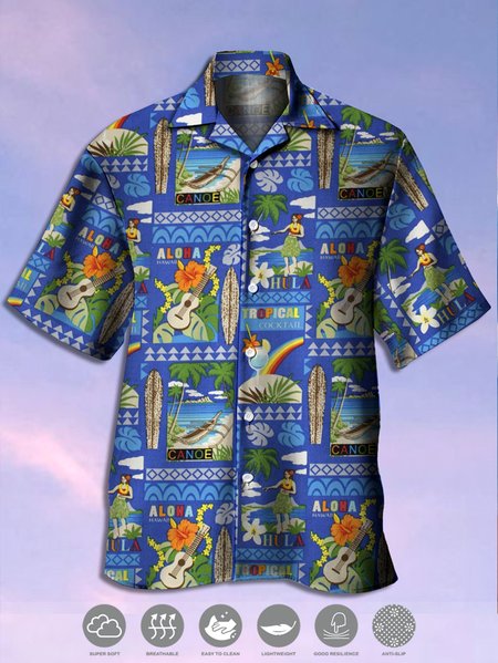 

Mens Retro Hawaiian Wonderland Print Hydrocool Fabric Quick Dry Casual Breathable Short Sleeve Aloha Shirt, Blue, Men's Floral shirt