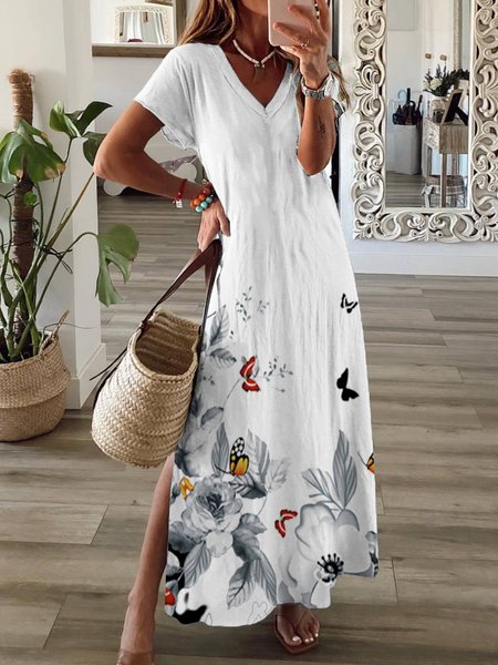 

Floral Casual Short Sleeve Dress, White, Maxi Dresses