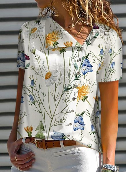 

V Neck Floral Loosen Short Sleeve Tops, White, Tops