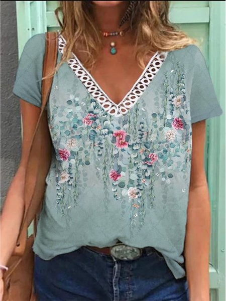 Casual Floral V neck Loosen Short Sleeve T-Shirt, Green, T-Shirts