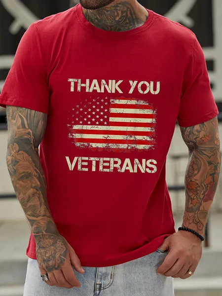 

American Flag Thank you Veterans Proud Veteran Vintage Cotton Crew Neck Short Sleeve T-Shirt, Red, T-shirts