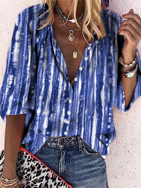 

V Neck Loosen Casual Mid Sleeve Blouse, Blue, Shirts & Blouses