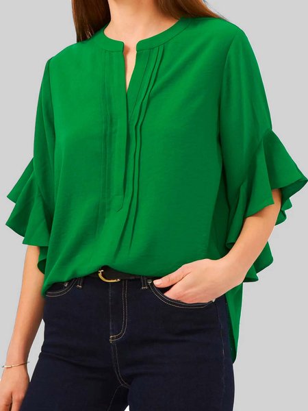 

Casual Loosen Flouncing Half Sleeve Top, Green, Blouses and Shirts