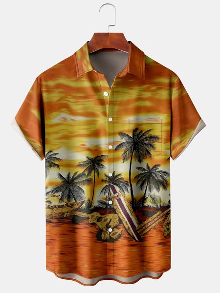 

Mens Retro Guitar Coconut Tree Print Lapel Loose Chest Pocket Short Sleeve Funky Hawaiian Shirts, Orange, Men's Floral shirt