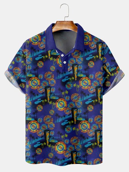 

Resort Style Hawaiian Series Plant Coconut Tree Color Block Element Pattern Lapel Short-Sleeved Polo Print Top, Blue purple, Men's t-shirts