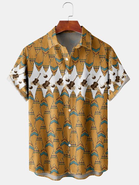 

Men's Music Guitar Print Casual Breathable Fabric Hawaiian Short Sleeve Shirt, As picture, Men's Floral shirt