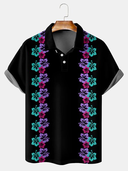 

Resort-Inspired Hawaiian Floral Lapel Short-Sleeved Polo-Print Top, Black, Men's t-shirts