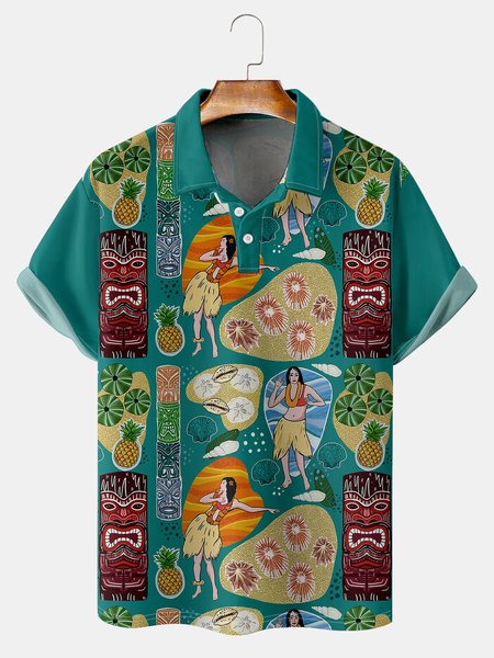 

Holiday Style Hawaiian Series Hula Beauty Fruit And TIKI Element Pattern Lapel Short-Sleeved Polo Print Top, Cyan, Men's t-shirts