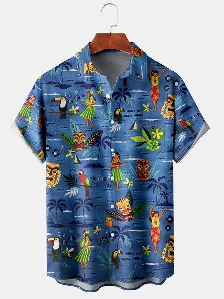 

Mens Retro Tiki Leaves Print Lapel Loose Chest Pocket Short Sleeve Funky Hawaiian Shirts, Blue, Men's Floral shirt