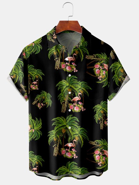 

Men's Flamingo Music Print Casual Breathable Hawaiian Short Sleeve Shirt, Black, Men's Floral shirt