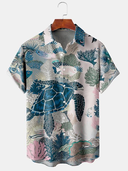 

Men's Marine Animal Print Casual Breathable Short Sleeve Hawaiian Shirt, Blue, Men's Floral shirt