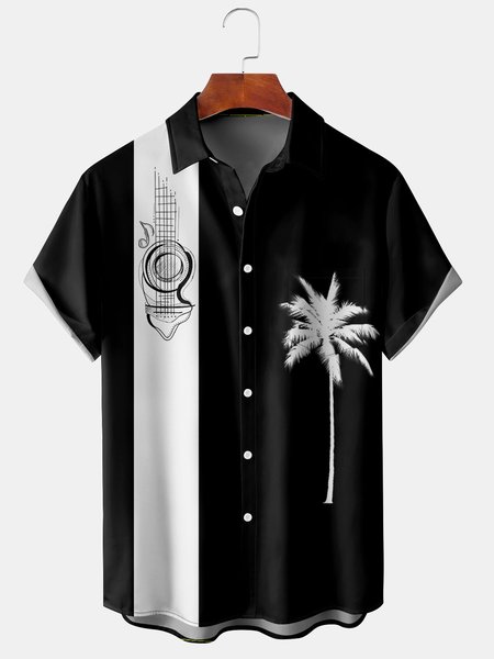 

Men's Music Guitar Print Casual Breathable Fabric Hawaiian Short Sleeve Shirt, Black, Men's Floral shirt