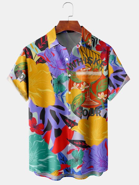 

Mens Retro Leaves Print Lapel Loose Chest Pocket Short Sleeve Funky Hawaiian Shirts, Purple, Men's Floral shirt