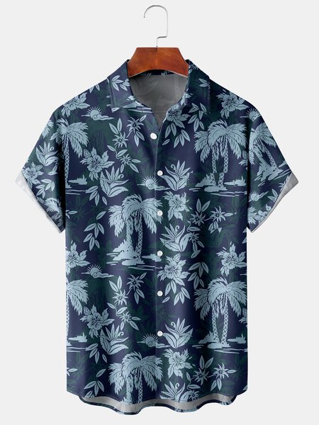 

Men's Botanical Print Casual Breathable Short Sleeve Hawaiian Shirt, Deep blue, Men's Floral shirt