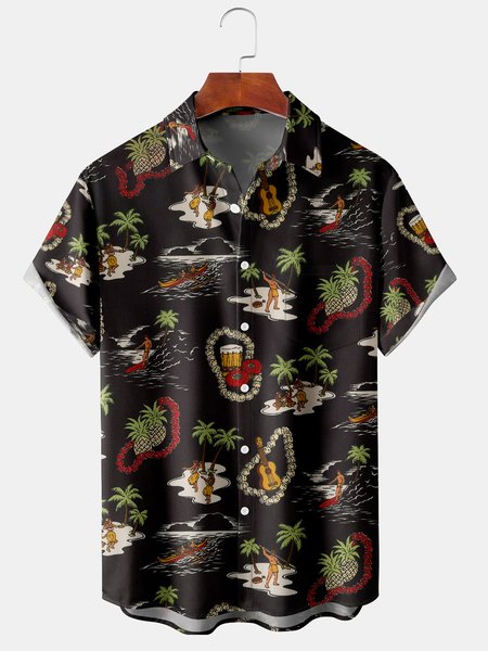 

Mens Retro Hawaiian Wonderland Print Lapel Loose Chest Pocket Short Sleeve Funky Aloha Shirts, Black, Men's Floral shirt