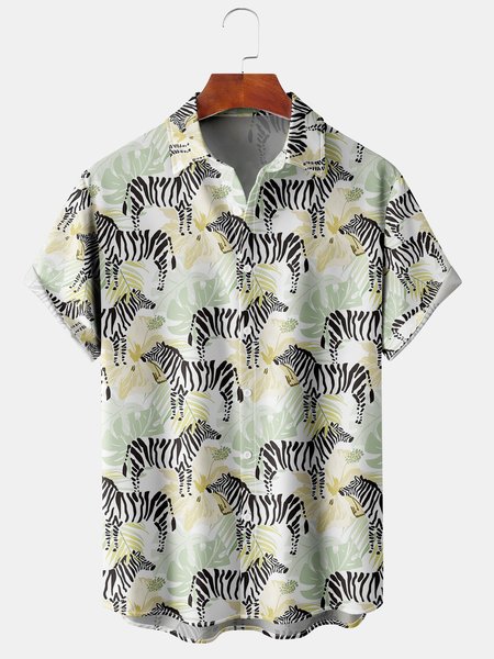 

Men's Animal Print Casual Breathable Short Sleeve Hawaiian Shirt, Lightgreen, Men's Floral shirt