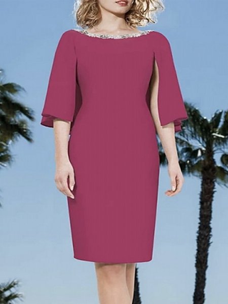 Elegant Half Sleeve Solid Knee Dress, Rose red, Midi Dresses
