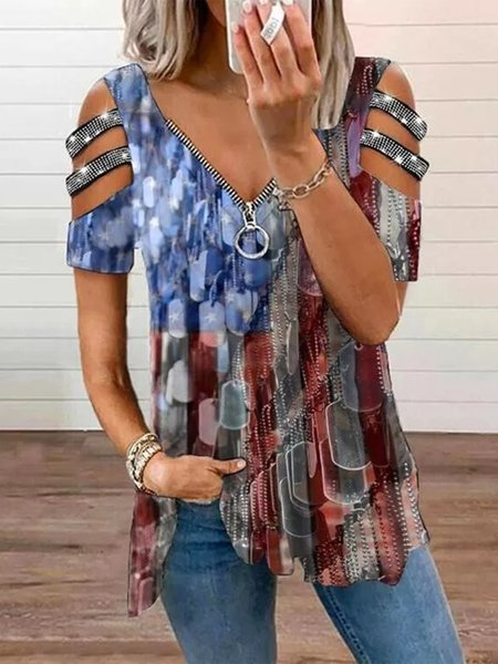 

Casual Zipper Flag Short Sleeve Tops, Multicolor, Shirts & Blouses