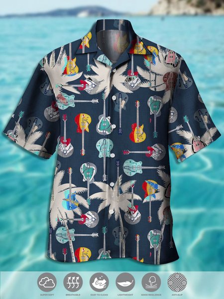 

Men's Music Guitar Print Casual Breathable Fabric Hawaiian Short Sleeve Shirt, Blue, Men's Floral shirt