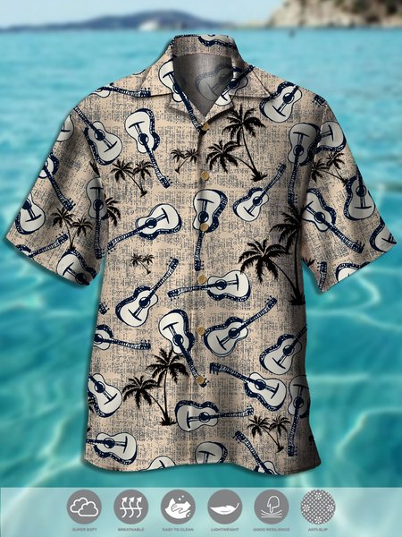 

Men's Music Guitar Print Casual Breathable Fabric Hawaiian Short Sleeve Shirt, Light khaki, Men's Floral shirt