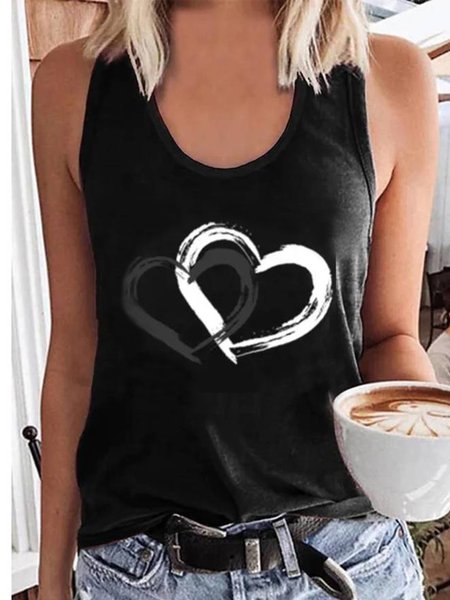 

Round Neck Heart Casual, Black, Tank Top