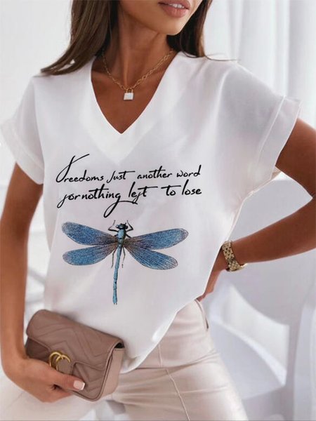 

V Neck Casual Dragonfly Loosen Short Sleeve Tops, White, Tops