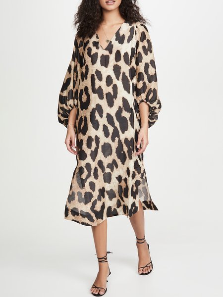 

Loosen Leopard V Neck Short Sleeve Woven Midi Dress, Midi Dresses