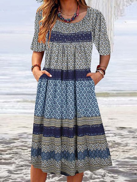 

Loosen Short Sleeve Woven Dress, Flower, Midi Dresses